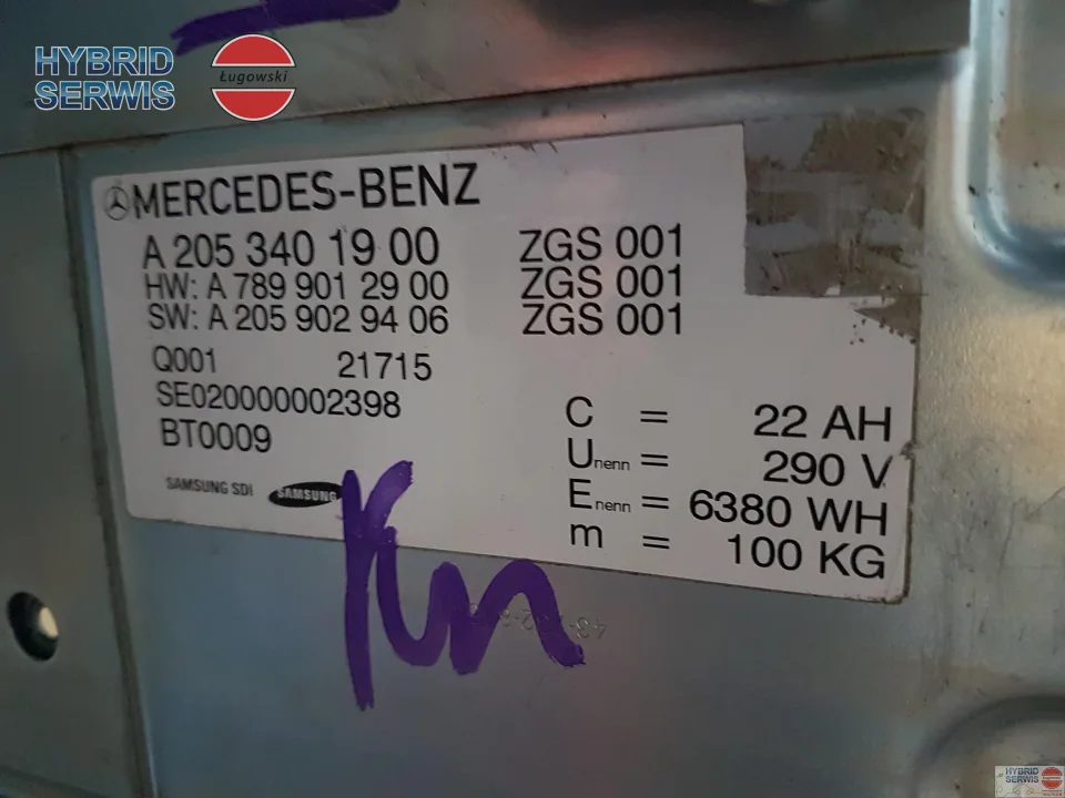 Bateria HV Mercedes-Benz E300 W213 C350 W205 Plug-in 6,38kWh 22Ah3